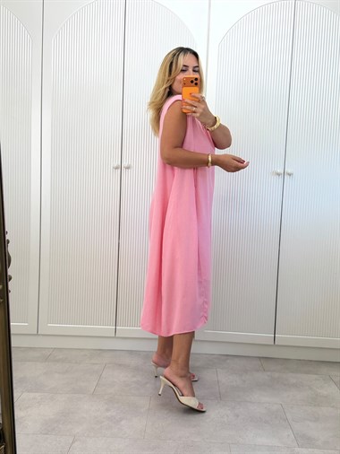 9534 Pembe Fiyonk Detay Keten Elbise