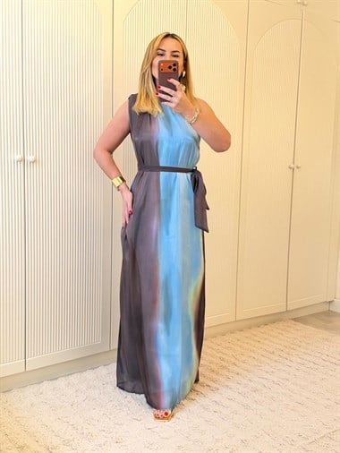 9282 Mavi Tek Omuz Organze Premium Elbise