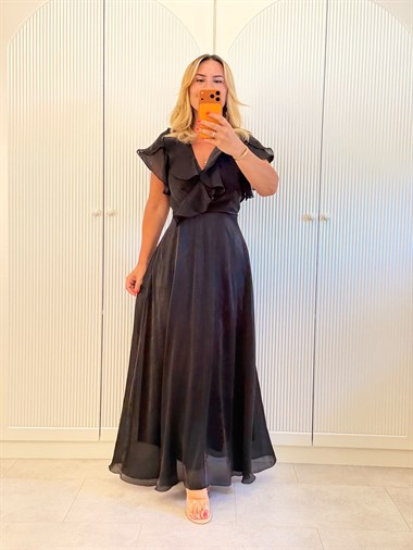 9539 Siyah Premium Volanlı Organze Elbise