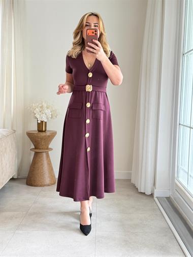 9055 Bordo Gold Aksesuar Cepli Elbise
