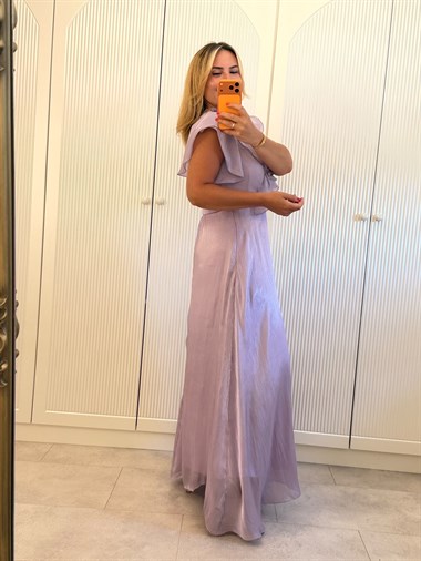 9538 Lila Premium Volanlı Organze Elbise