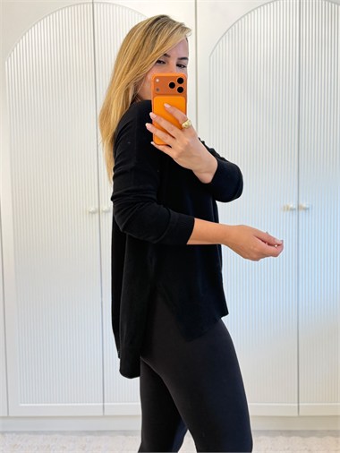 9823 Siyah V Yaka Oversize Triko Kazak  