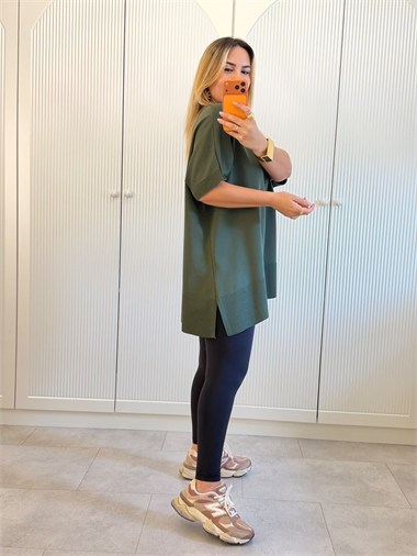 9763 Haki Yırtmaçlı Triko