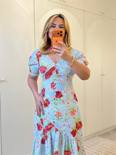 9299 Bebe Mavi Gül Desen Elbise