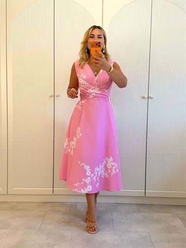9498 Pembe Çiçekli Sıfır Kol Elbise