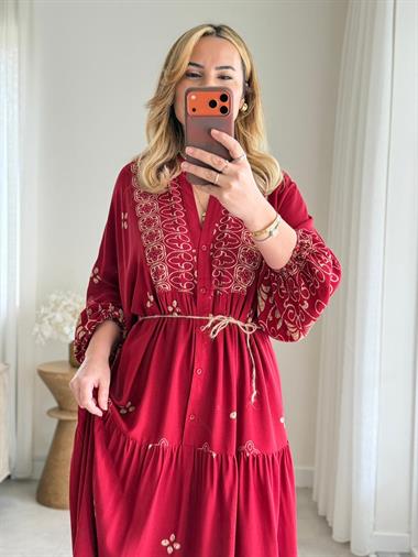 9051 Bordo Hakim Yaka Etnik Desen Elbise