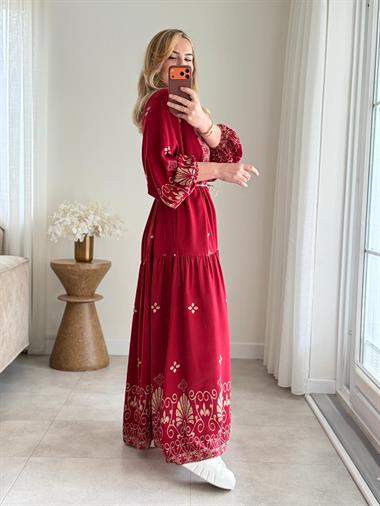 9051 Bordo Hakim Yaka Etnik Desen Elbise