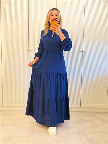 9723 Lacivert Maxi Yaka Bağlama Elbise
