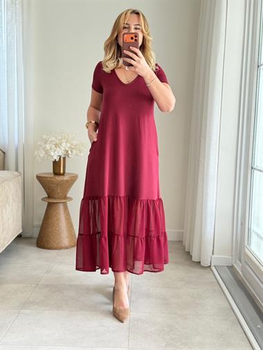 9038 Bordo V Yaka Kemerli Elbise