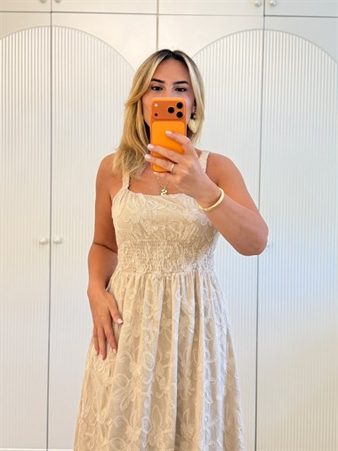 9570 Bej Bel Gipeli Premium Nakış Elbise