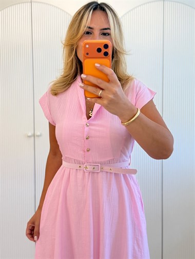 9576 Pembe Hakim Yaka Kemerli Elbise