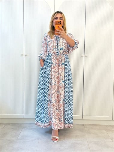 9447 Çıtır Çiçek Yaka Bağlama Maxi Elbise