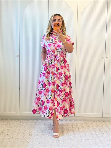 9406 Ekru Pembe Desen Gömlek Elbise