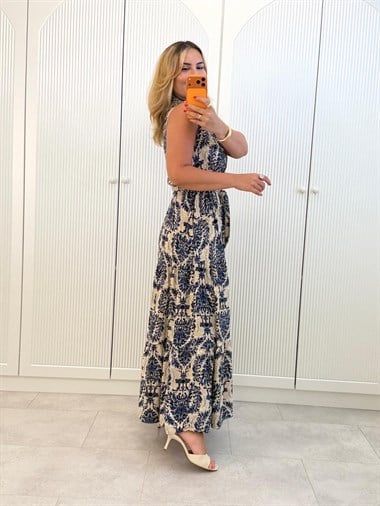 9493 Lacivert Desenli Kolsuz Maxi Elbise