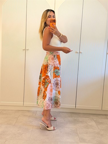 9624 Orange Desenli Midi Etek