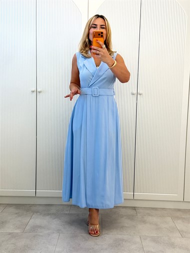 9454 Bebe Mavi Premium Kemerli Kruvaze Elbise
