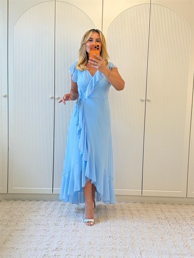 9417 Bebe Mavi Premium Kruvaze Volanlı Sifon Elbise