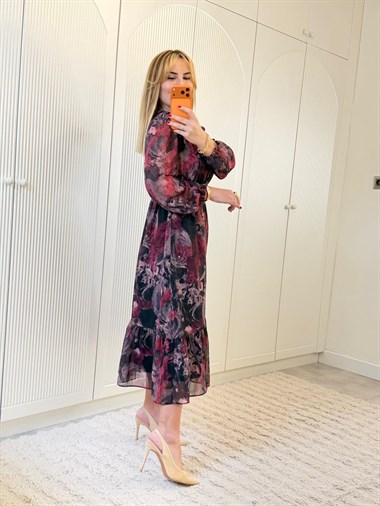 9163 Bordo Astarlı Midi Şifon Elbise