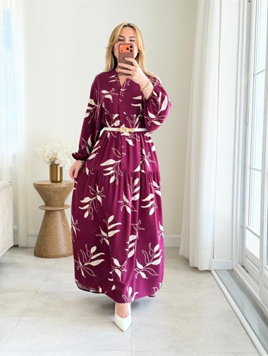 9096 Mürdüm Yaprak Desen Maxi Elbise