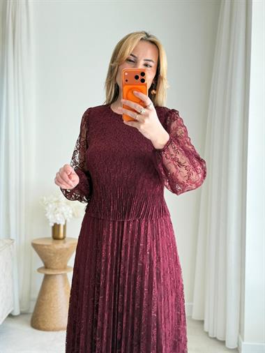 9032 Bordo Piliseli Dantel Elbise