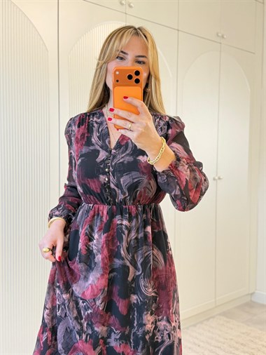 9163 Bordo Astarlı Midi Şifon Elbise