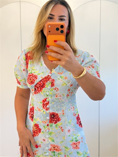 9299 Bebe Mavi Gül Desen Elbise