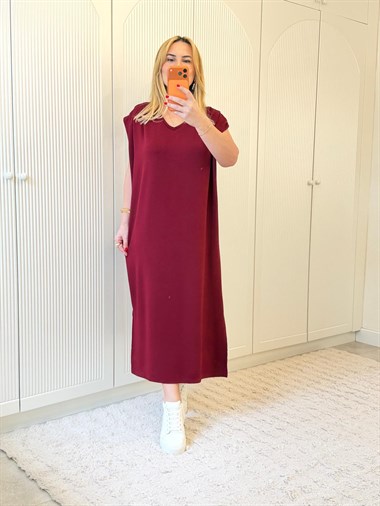 9204 Bordo V Yaka Yan Yırtmaç Elbise