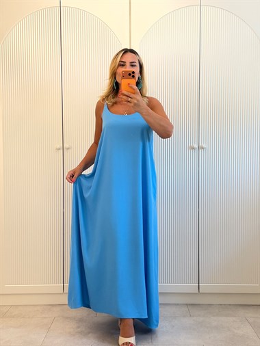 9543 Mavi Askılı Salaş Elbise