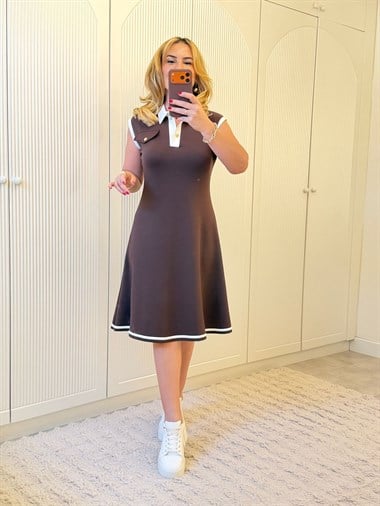 9287 Kolsuz Şerit Detay Kahve Elbise