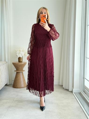 9032 Bordo Piliseli Dantel Elbise