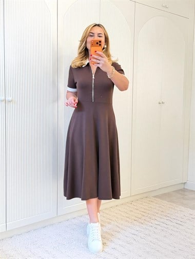 9305 Kahve Kısa Kollu Midi Elbise