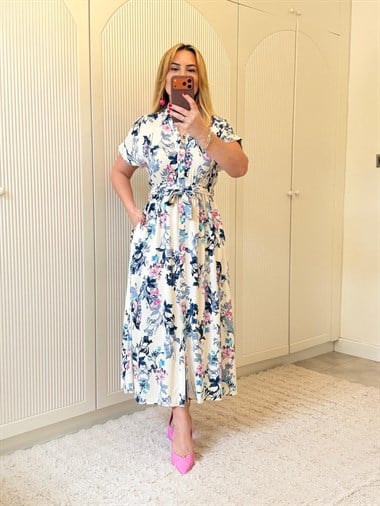 9276 Kısa Kollu Lacivert Desen Elbise