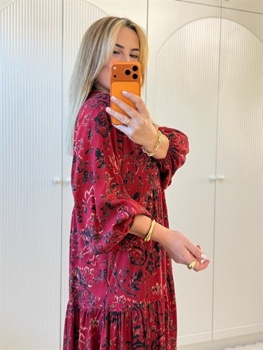 9144 Bordo Desenli Maxi Elbise
