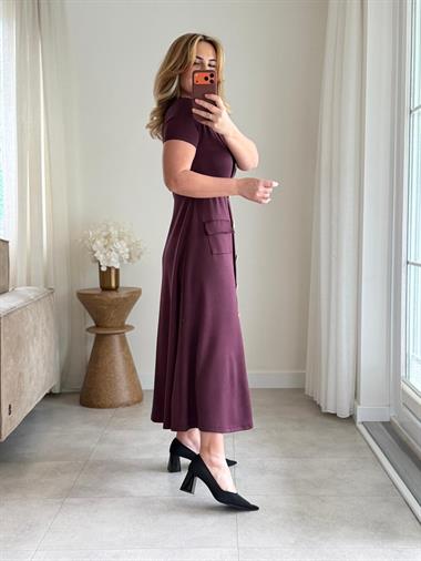 9055 Bordo Gold Aksesuar Cepli Elbise