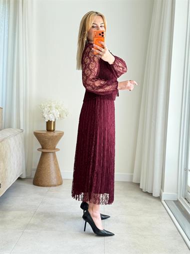 9032 Bordo Piliseli Dantel Elbise