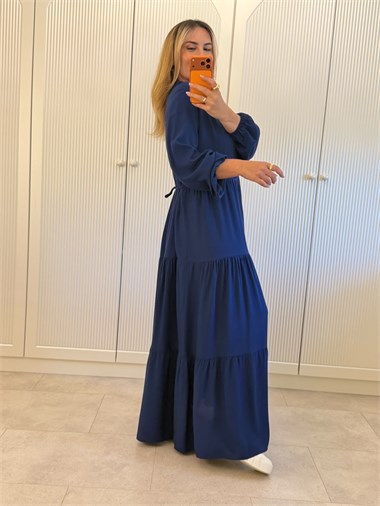 9723 Lacivert Maxi Yaka Bağlama Elbise
