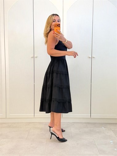 9495 Siyah Dantel Detaylı Premium Elbise