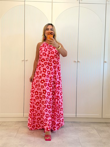 9524 Pembe Kırmızı Halter Yaka Salaş Elbise