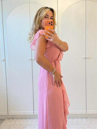 9419 Pembe Premium Kruvaze Volanlı Sifon Elbise