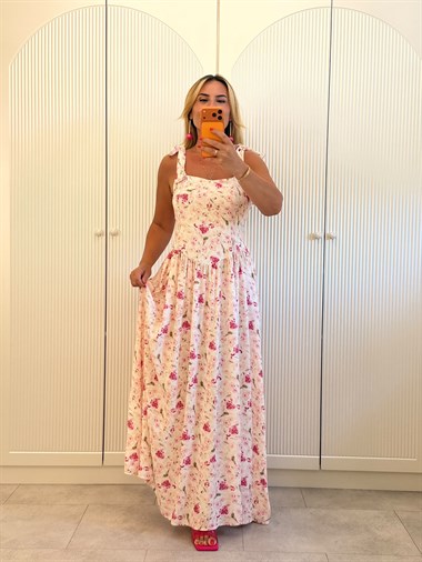 9541 Pembe Premium Desen Bağlamalı Elbise