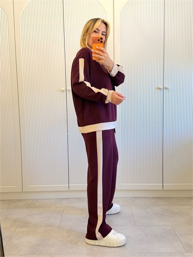 9787 Bordo Bej Şeritli Takım