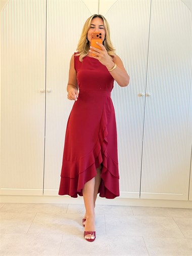 9556 Bordo Valon Detay Premium Krep Elbise