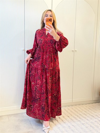9144 Bordo Desenli Maxi Elbise