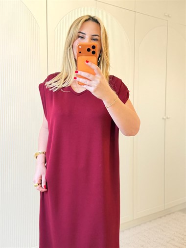 9204 Bordo V Yaka Yan Yırtmaç Elbise