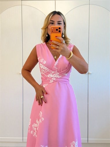 9498 Pembe Çiçekli Sıfır Kol Elbise