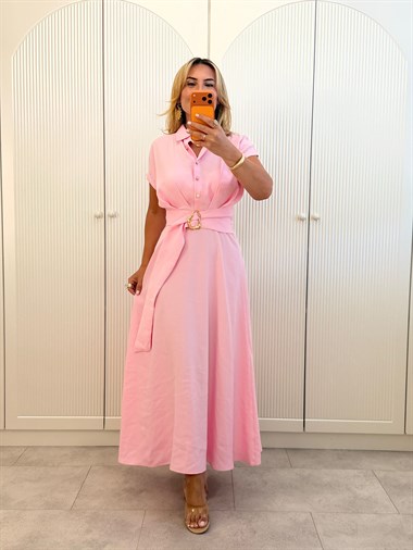 9512 Pembe Modal Önden Tokalı Elbise
