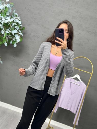 3393 Gri V Yaka Düğmeli Hırka