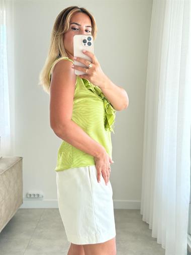 8376 Fıstık Yeşili Ön Bağcıklı Volanlı Bluz