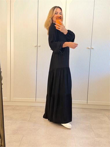 9722 Siyah Maxi Yaka Bağlama Elbise