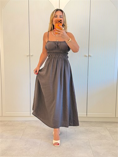 9658 Kahve Gipeli Premium Askılı Elbise